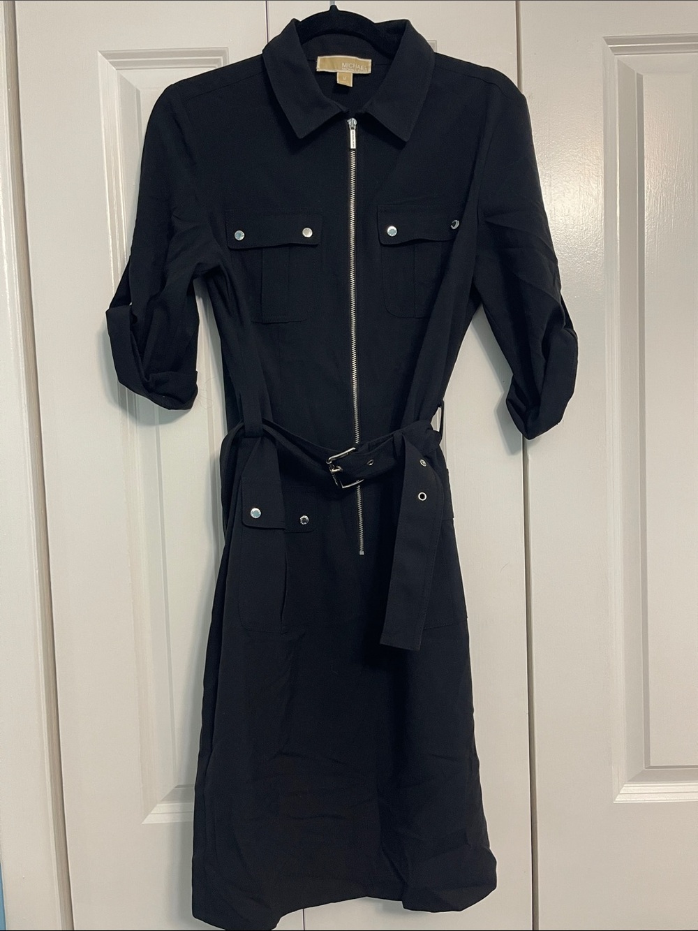 Michael Kors Black Zip-Front Shirt Dress with Utility Pockets